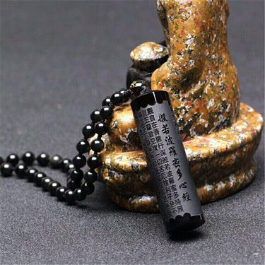 Natural Black Obsidian Heart Sutra Safety Guard Pendant
